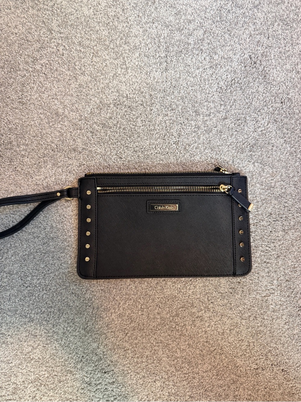 Calvin Klein Black Saffiano Wristlet Clutch Gold Studded Zip Pockets